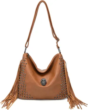 KingTo Skull Shoulder Handbags for Women Gothic Rivet Tassel Crossbody Bag Punk Hobo Messenger Bag