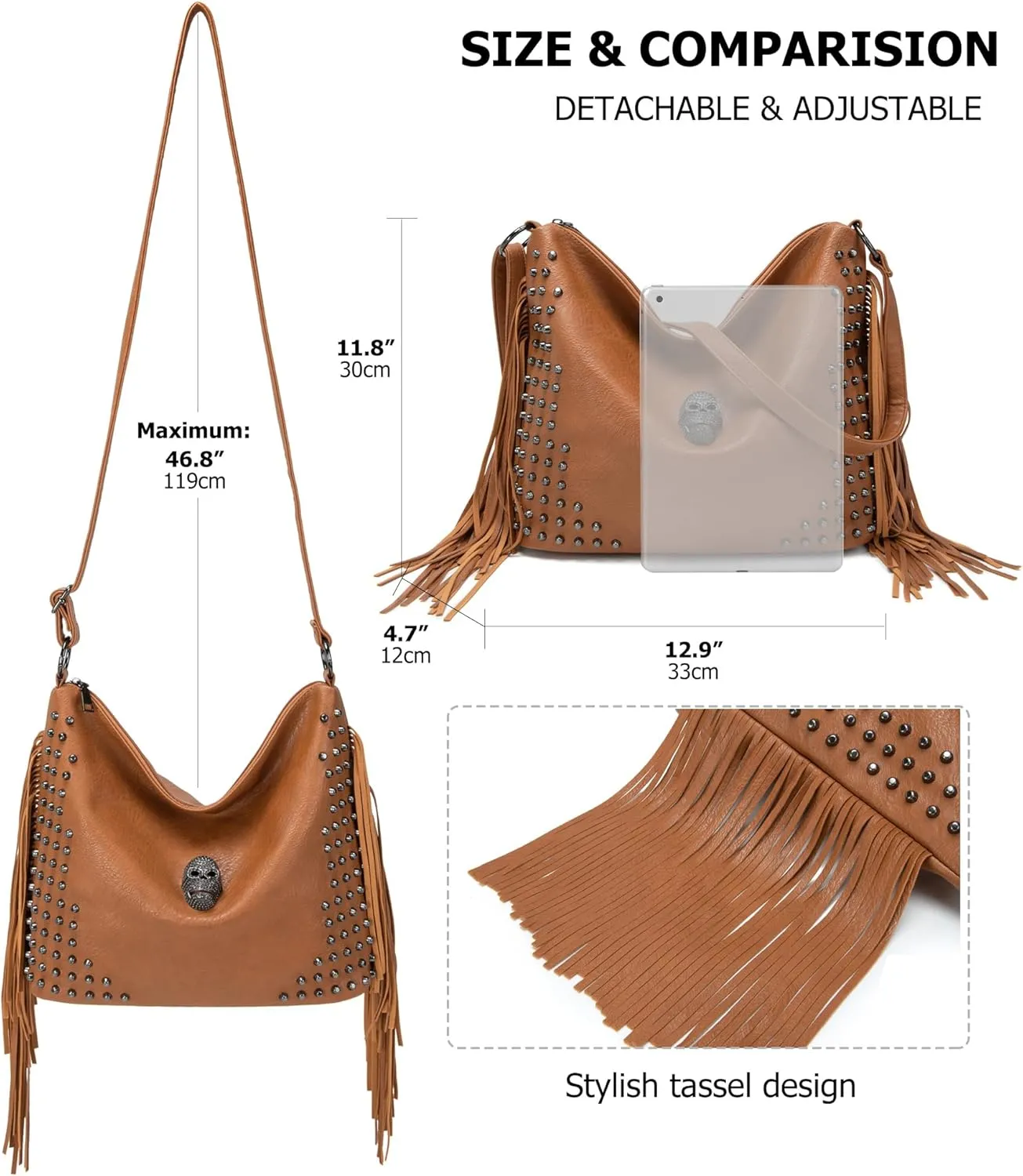 KingTo Skull Shoulder Handbags for Women Gothic Rivet Tassel Crossbody Bag Punk Hobo Messenger Bag
