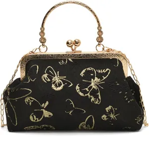 Kiss Lock Purse and Handbag for Women Floral Embroidered Crossbody Bag Kiss Clasp Handbags Medium Tote Shoulder Bags