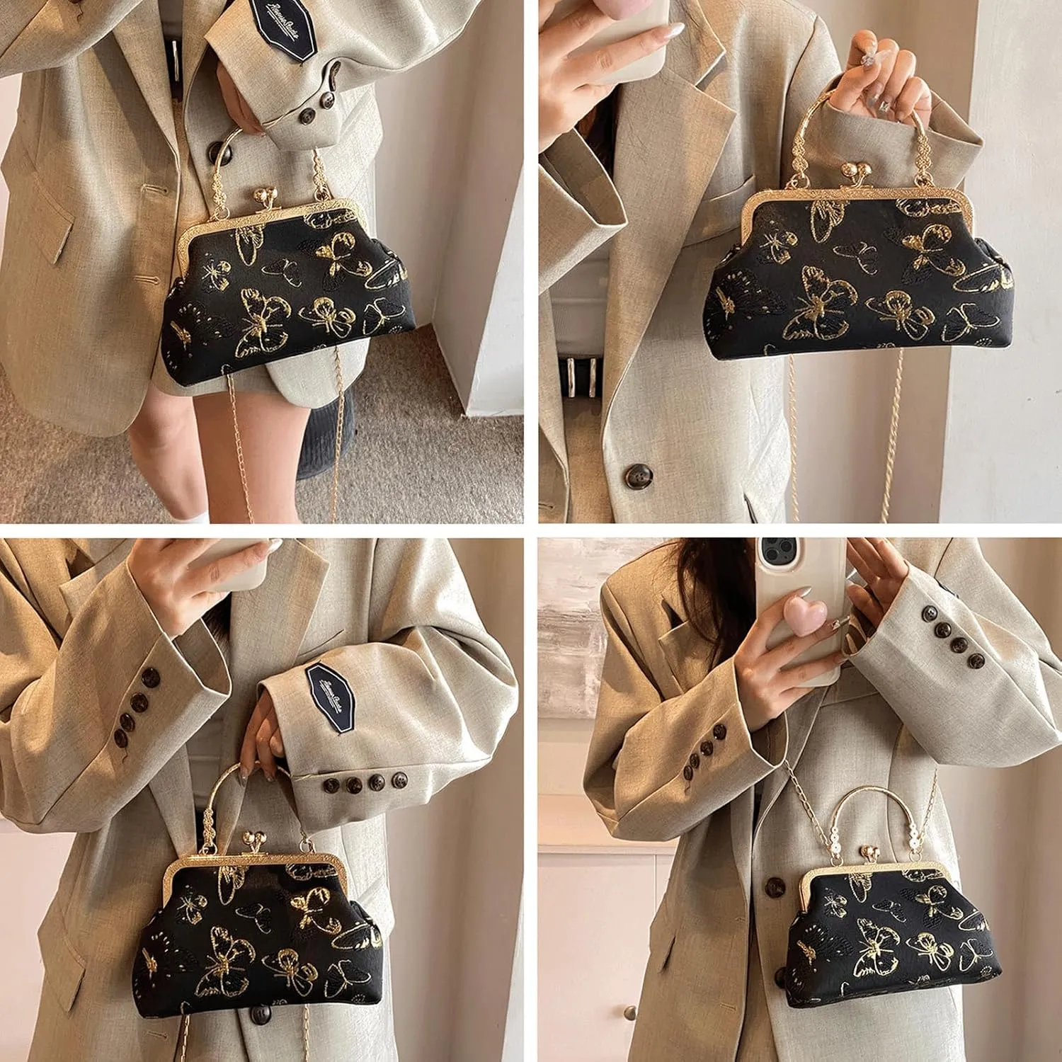 Kiss Lock Purse and Handbag for Women Floral Embroidered Crossbody Bag Kiss Clasp Handbags Medium Tote Shoulder Bags