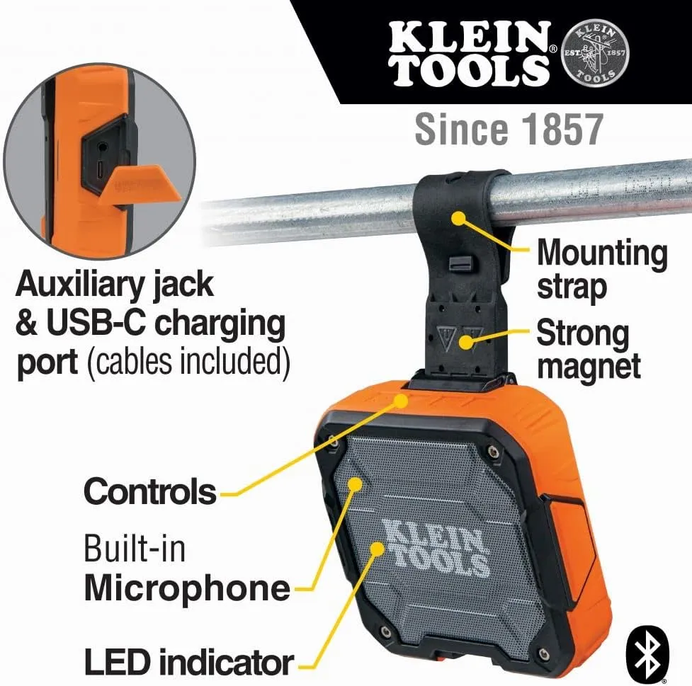 Klein Tools AEPJS2 Bluetooth Speaker With Magnetic Strip and Hook, Rechargeable, Wireless and Aux Capable, Hands Free Capable, 10 Hr Run Time, IP54 Dust and Water Resistant