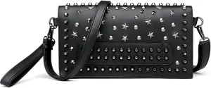KUANG! Black Dark Punk Style Shoulder Bag Pu Leather Wristlets Clutch Purse Fashion Skull Rivets Handbags