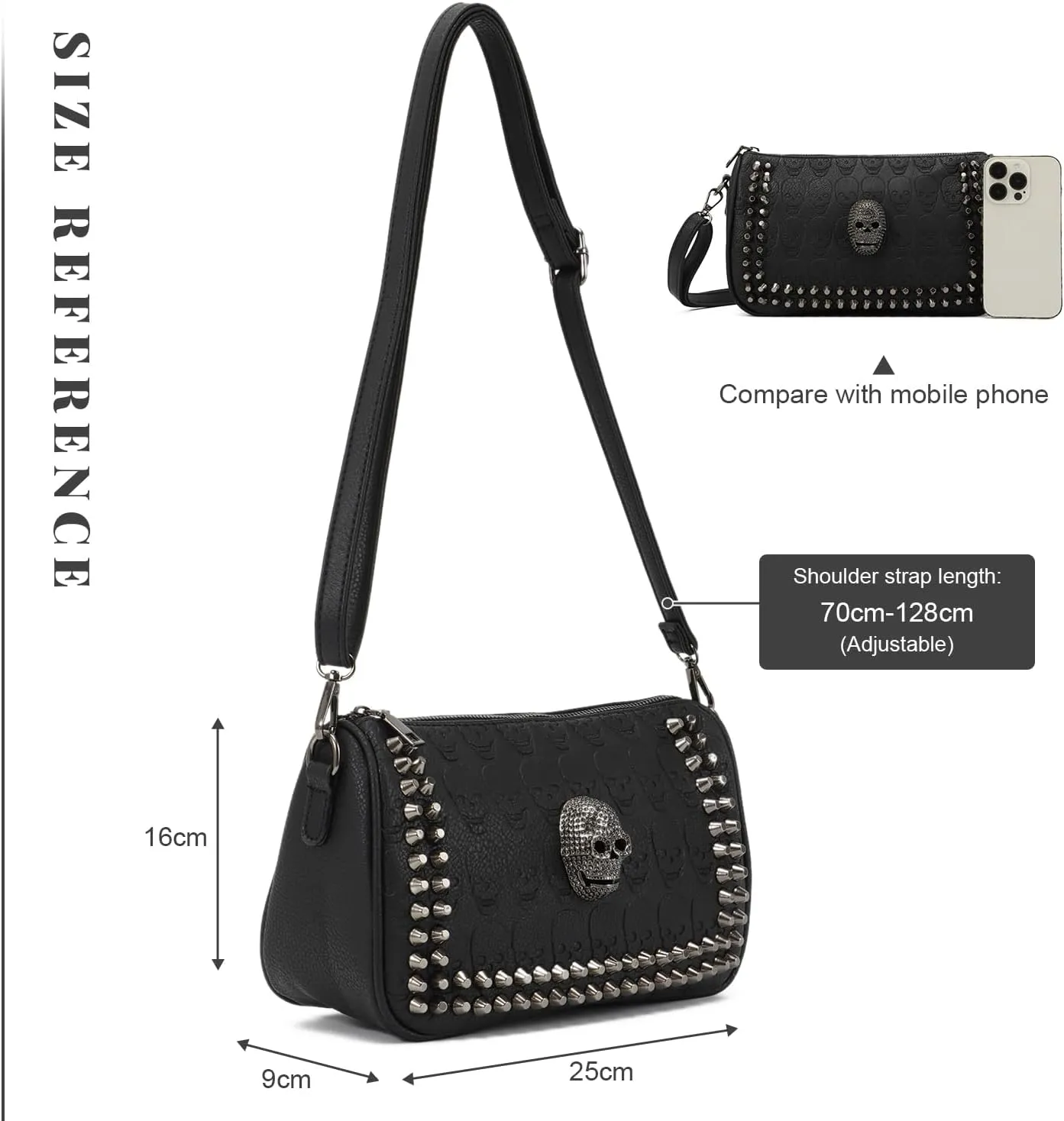 KUANG! Black Dark Punk Style Shoulder Bag Pu Leather Wristlets Clutch Purse Fashion Skull Rivets Handbags