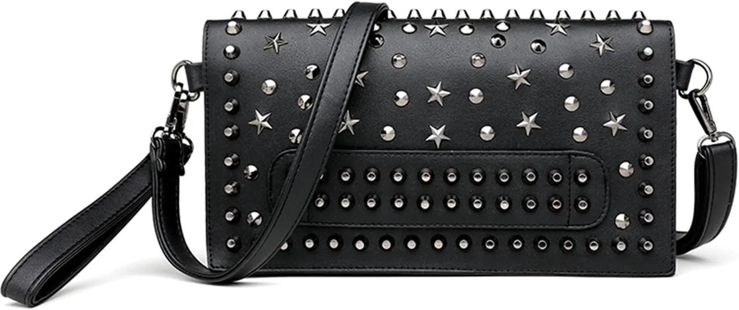 KUANG! Black Dark Punk Style Shoulder Bag Pu Leather Wristlets Clutch Purse Fashion Skull Rivets Handbags