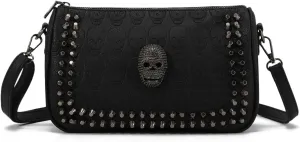 KUANG! Black Dark Punk Style Shoulder Bag Pu Leather Wristlets Clutch Purse Fashion Skull Rivets Handbags