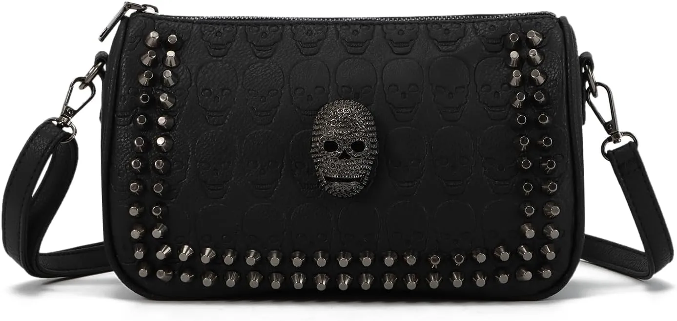 KUANG! Black Dark Punk Style Shoulder Bag Pu Leather Wristlets Clutch Purse Fashion Skull Rivets Handbags