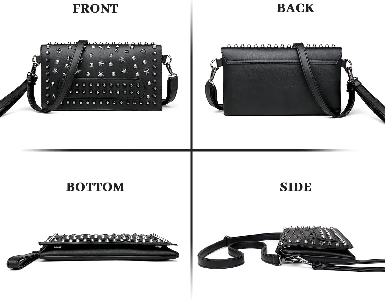 KUANG! Black Dark Punk Style Shoulder Bag Pu Leather Wristlets Clutch Purse Fashion Skull Rivets Handbags