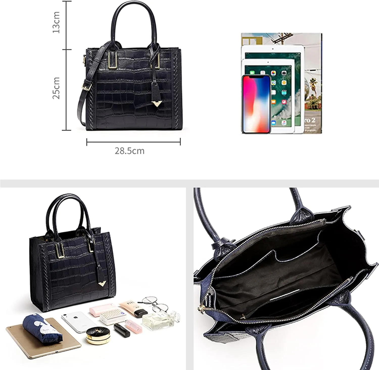 Ladies Shoulder Handbag Crocodile Patent Leather Messenger Bag Large Capacity Female Tote, Black