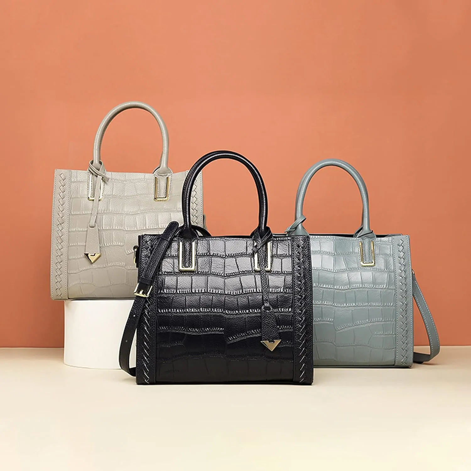 Ladies Shoulder Handbag Crocodile Patent Leather Messenger Bag Large Capacity Female Tote, Black