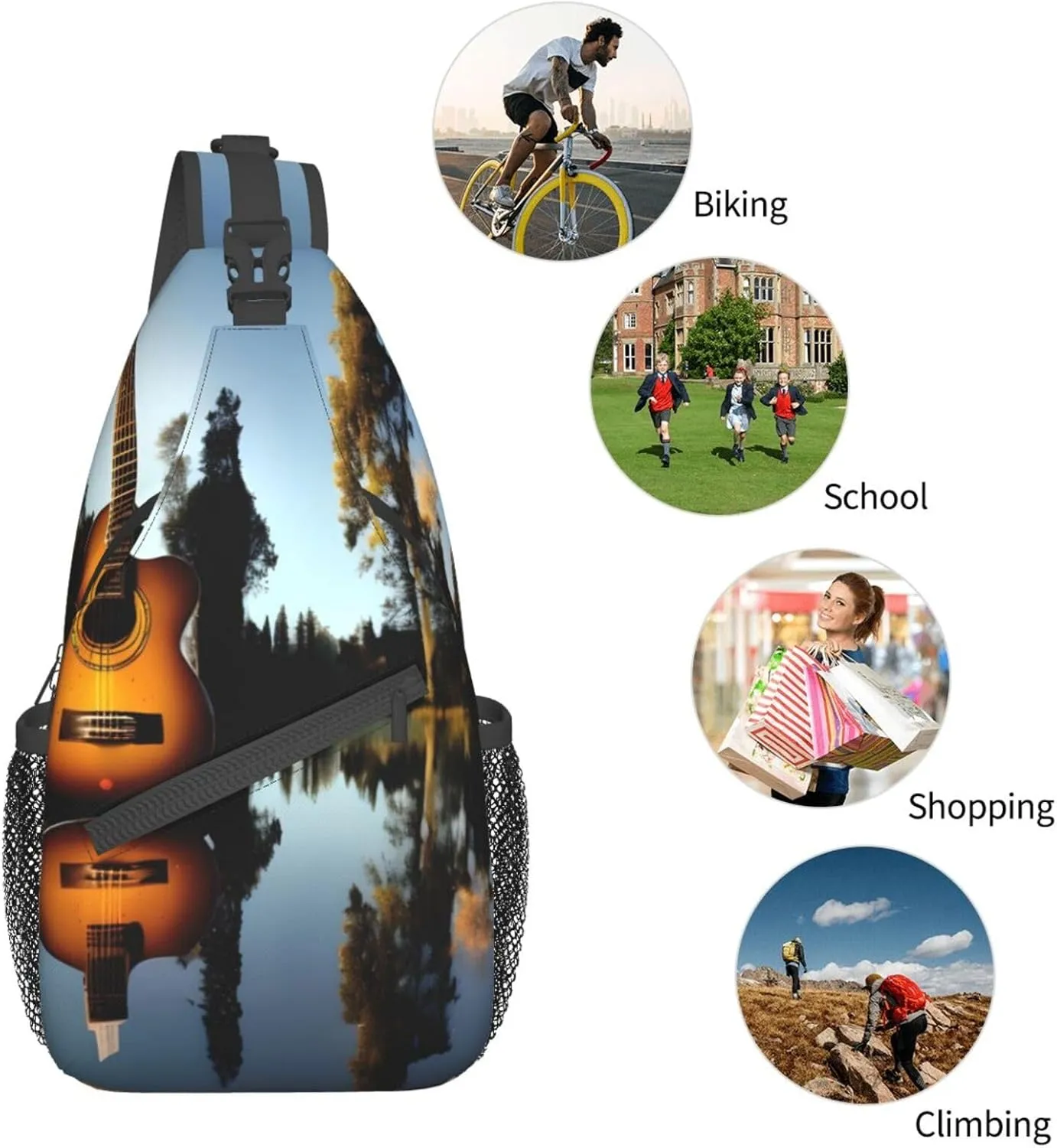 Lake Guitar Reflection Unisex Casual Diagonal Chest Bag,Multipurpose Crossbody Shoulder Bag Travel Hiking Daypack