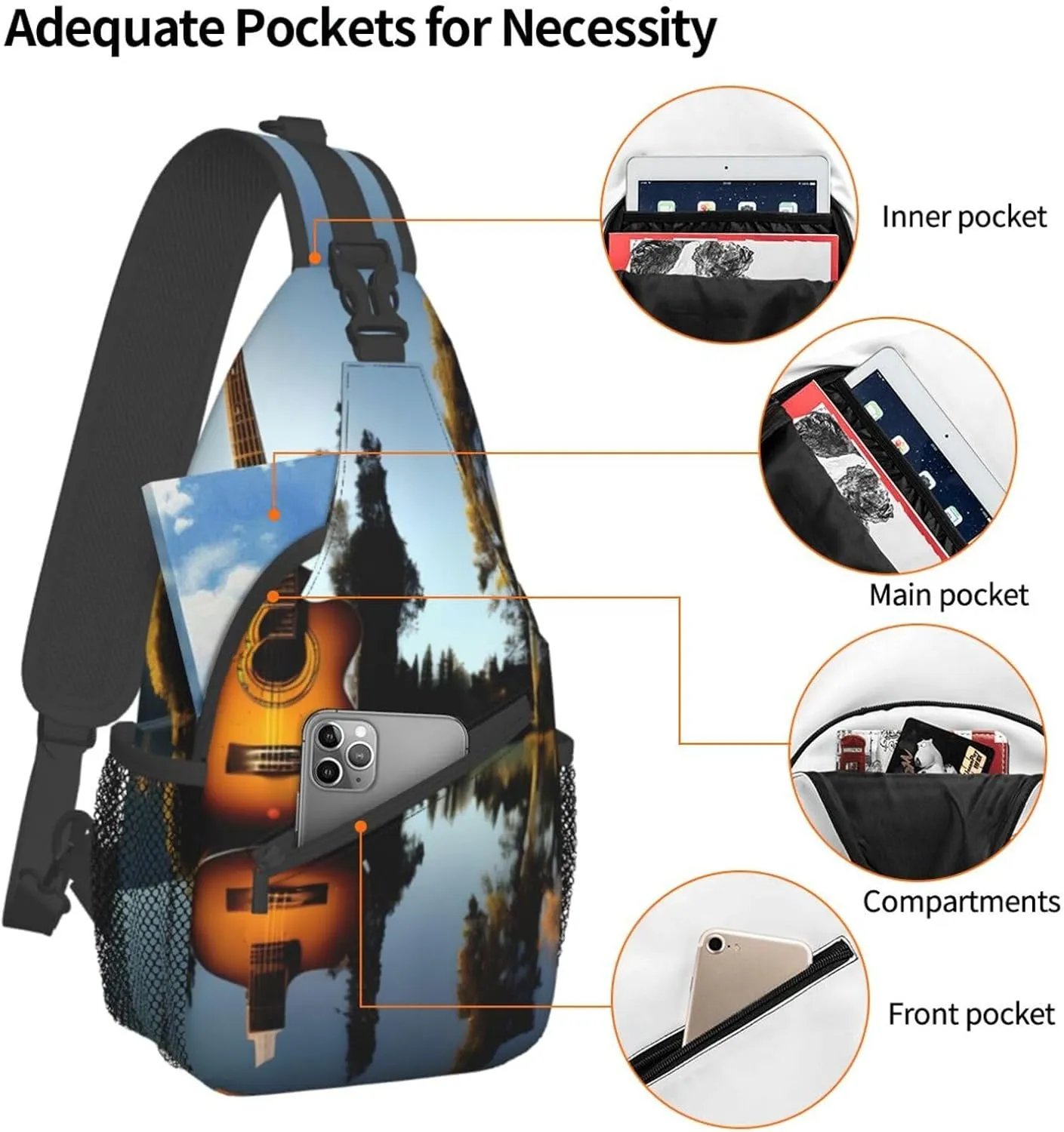 Lake Guitar Reflection Unisex Casual Diagonal Chest Bag,Multipurpose Crossbody Shoulder Bag Travel Hiking Daypack