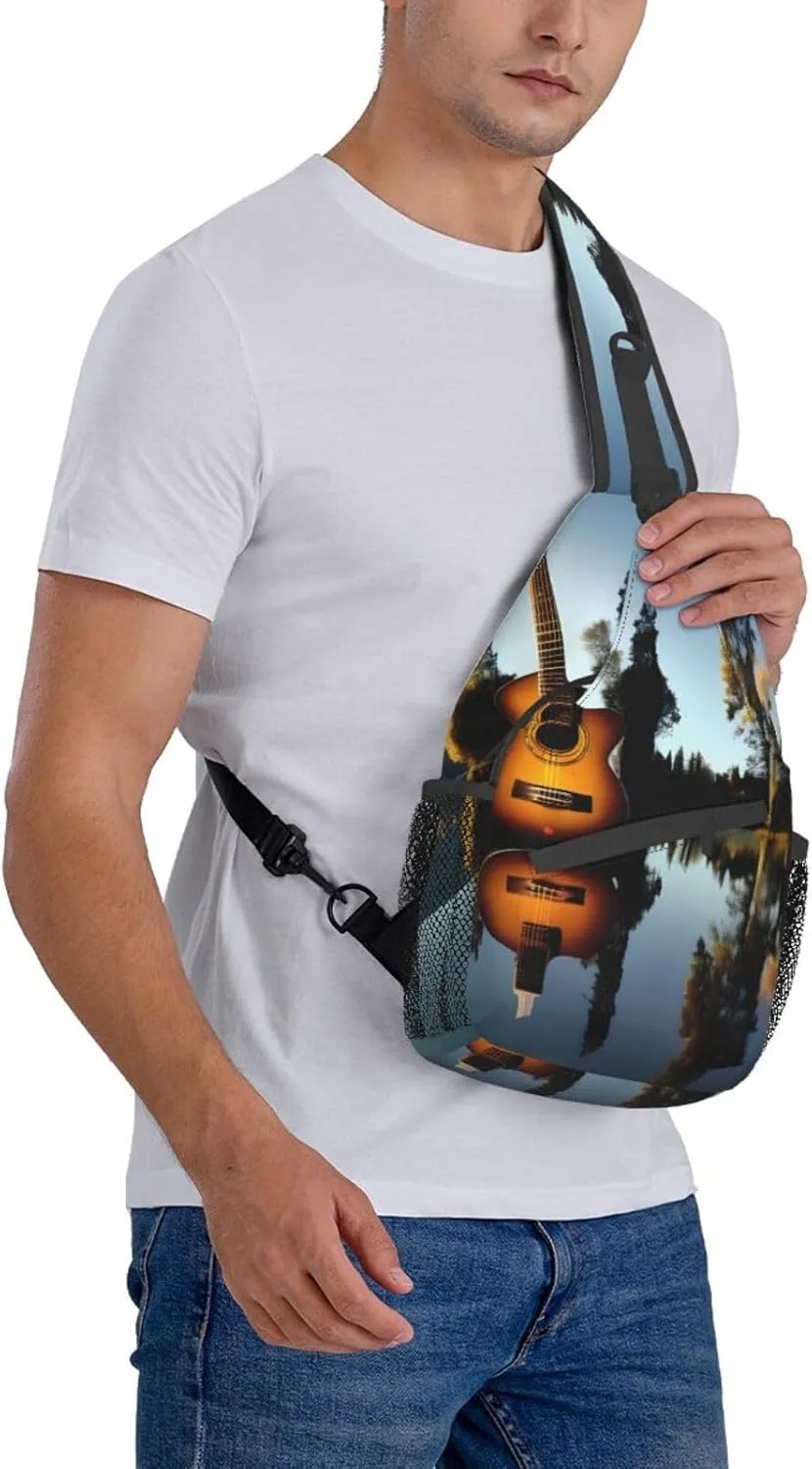Lake Guitar Reflection Unisex Casual Diagonal Chest Bag,Multipurpose Crossbody Shoulder Bag Travel Hiking Daypack