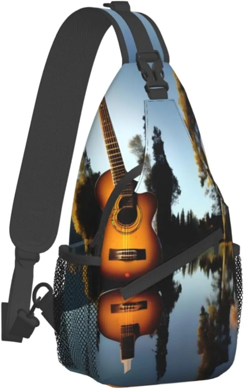 Lake Guitar Reflection Unisex Casual Diagonal Chest Bag,Multipurpose Crossbody Shoulder Bag Travel Hiking Daypack