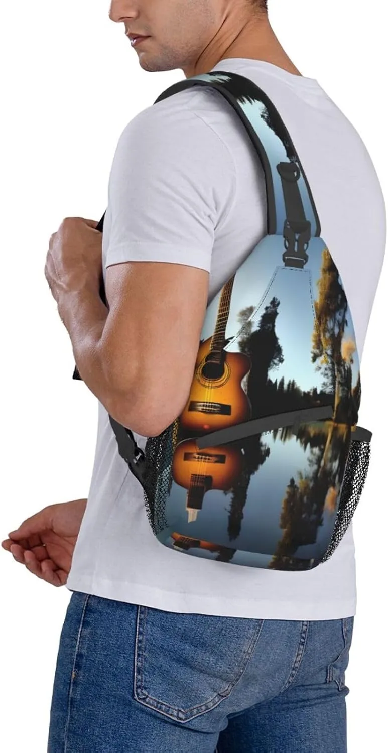 Lake Guitar Reflection Unisex Casual Diagonal Chest Bag,Multipurpose Crossbody Shoulder Bag Travel Hiking Daypack