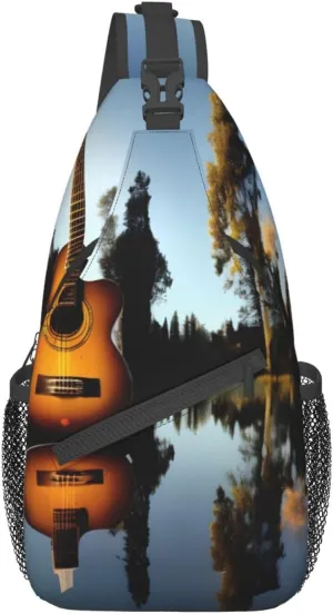 Lake Guitar Reflection Unisex Casual Diagonal Chest Bag,Multipurpose Crossbody Shoulder Bag Travel Hiking Daypack