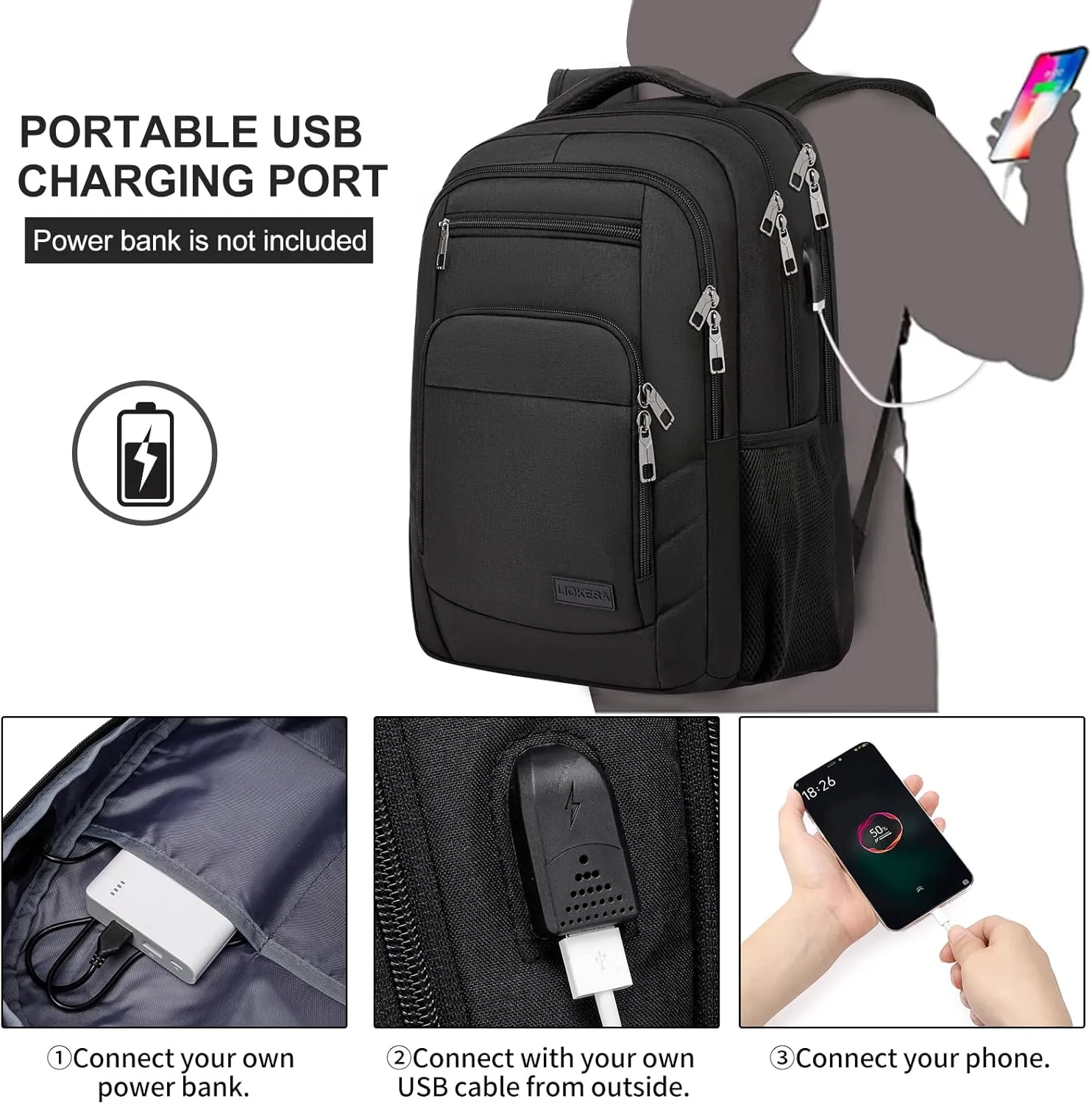 Laptop Backpack for Men Women, School Backpacks for Boys Girls,Water Resistant Black Backpack with USB Charging Port,15.6 Inch College Bookbag Daypack