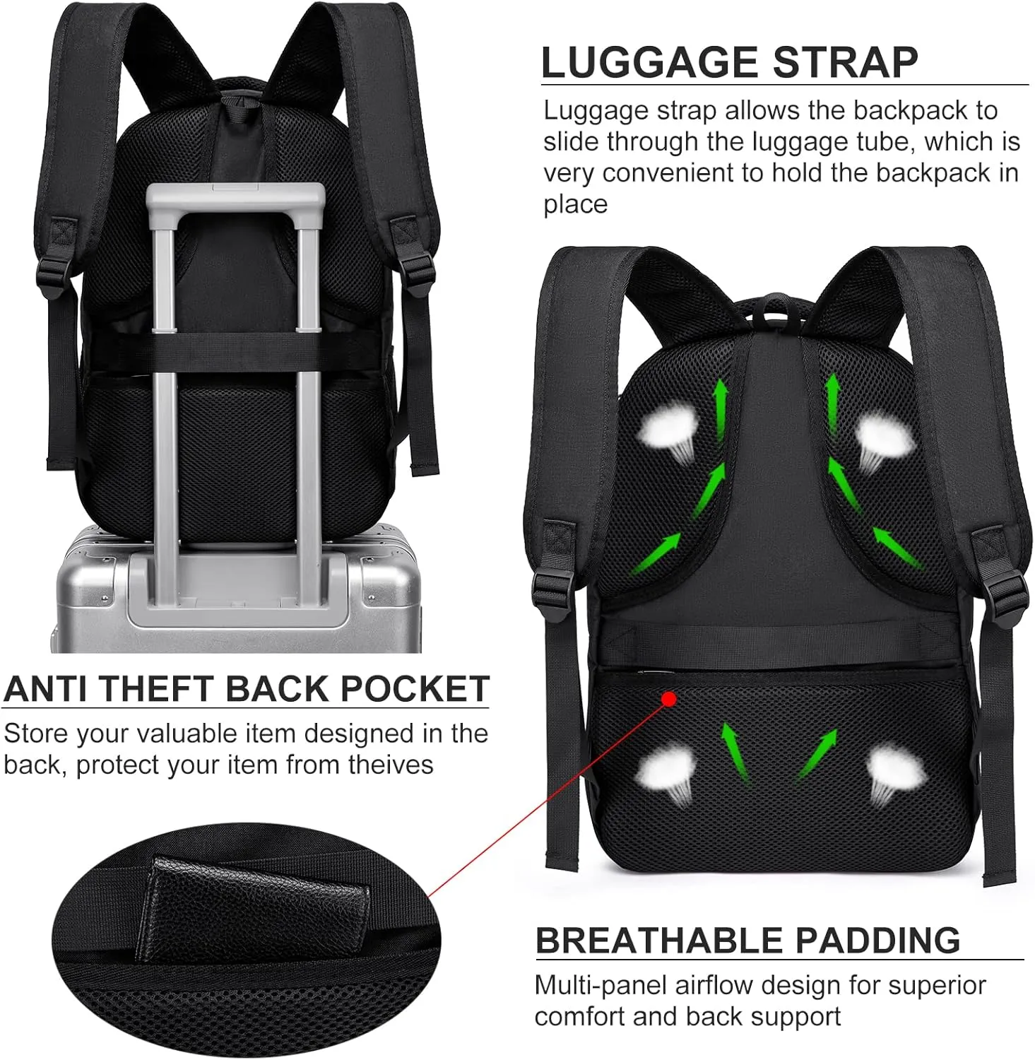 Laptop Backpack for Men Women, School Backpacks for Boys Girls,Water Resistant Black Backpack with USB Charging Port,15.6 Inch College Bookbag Daypack