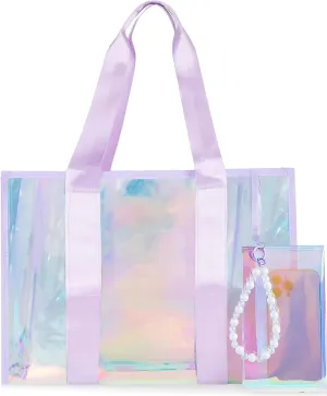 Large Iridescent Clear Tote Bag for Women - 26L Waterproof Sandproof Beach, Vacation, Holiday, Travel, Swimming, Pool, Cruise, Boat Bag With Zipper Pouch, Jacquard Strap