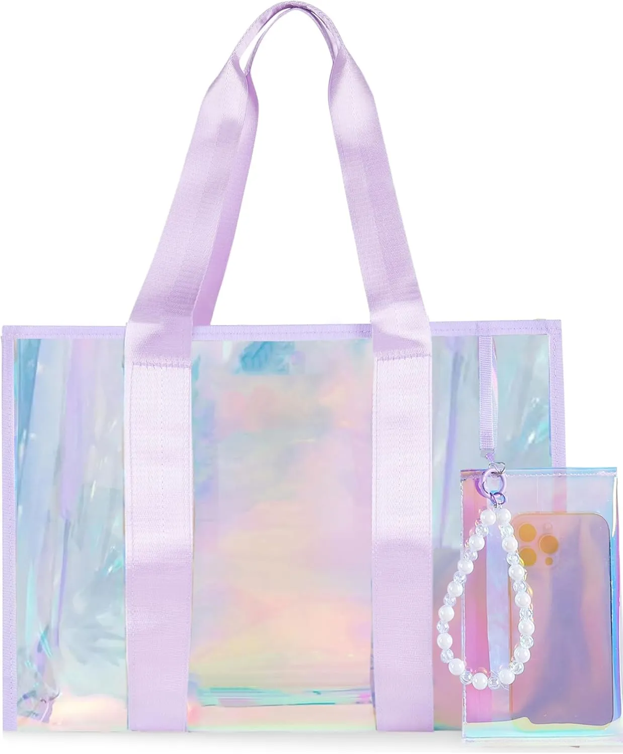 Large Iridescent Clear Tote Bag for Women - 26L Waterproof Sandproof Beach, Vacation, Holiday, Travel, Swimming, Pool, Cruise, Boat Bag With Zipper Pouch, Jacquard Strap
