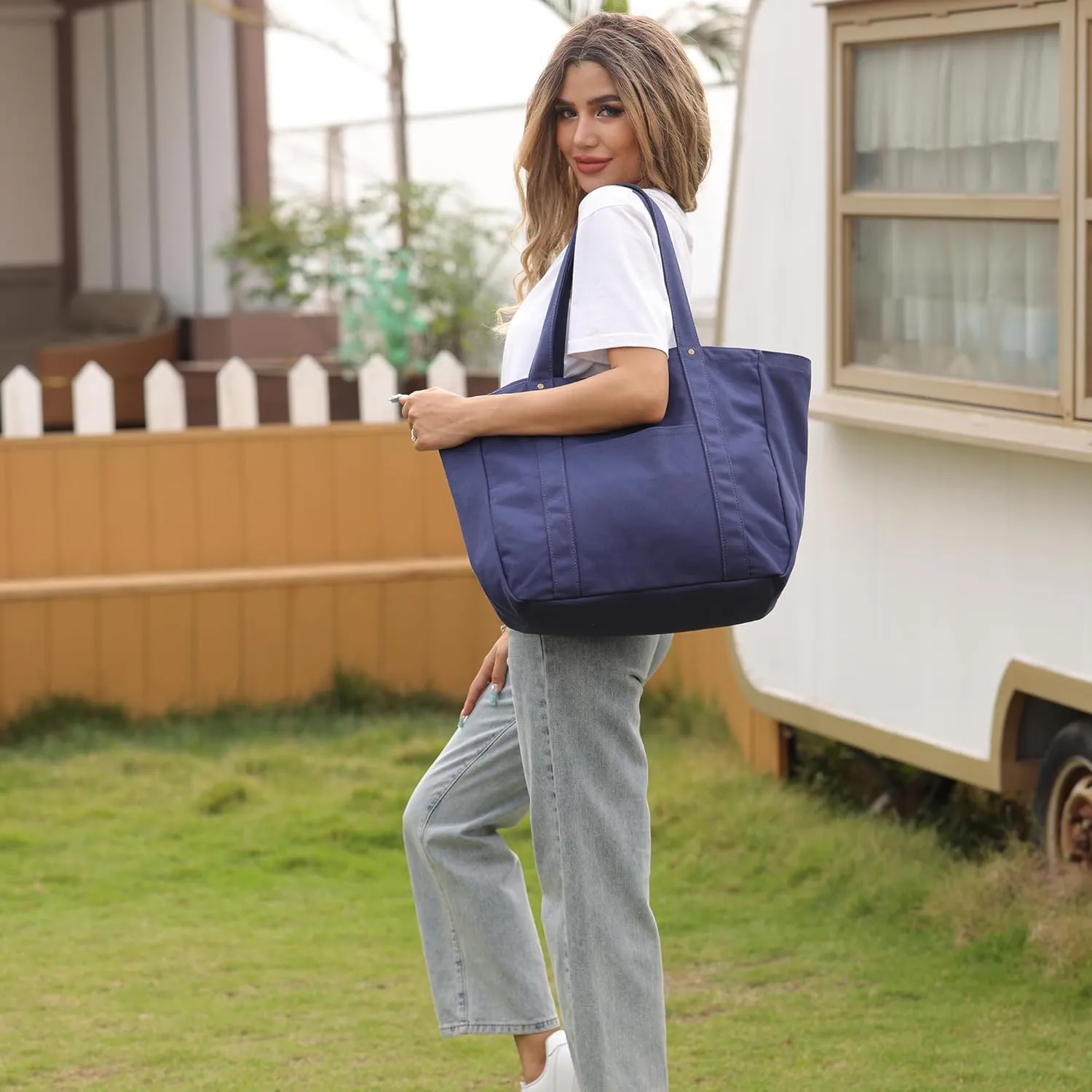 Large Tote Bag for Women with Zipper Closure and Laptop Compartment Canvas Shoulder Bag for Work Holiday and Travel