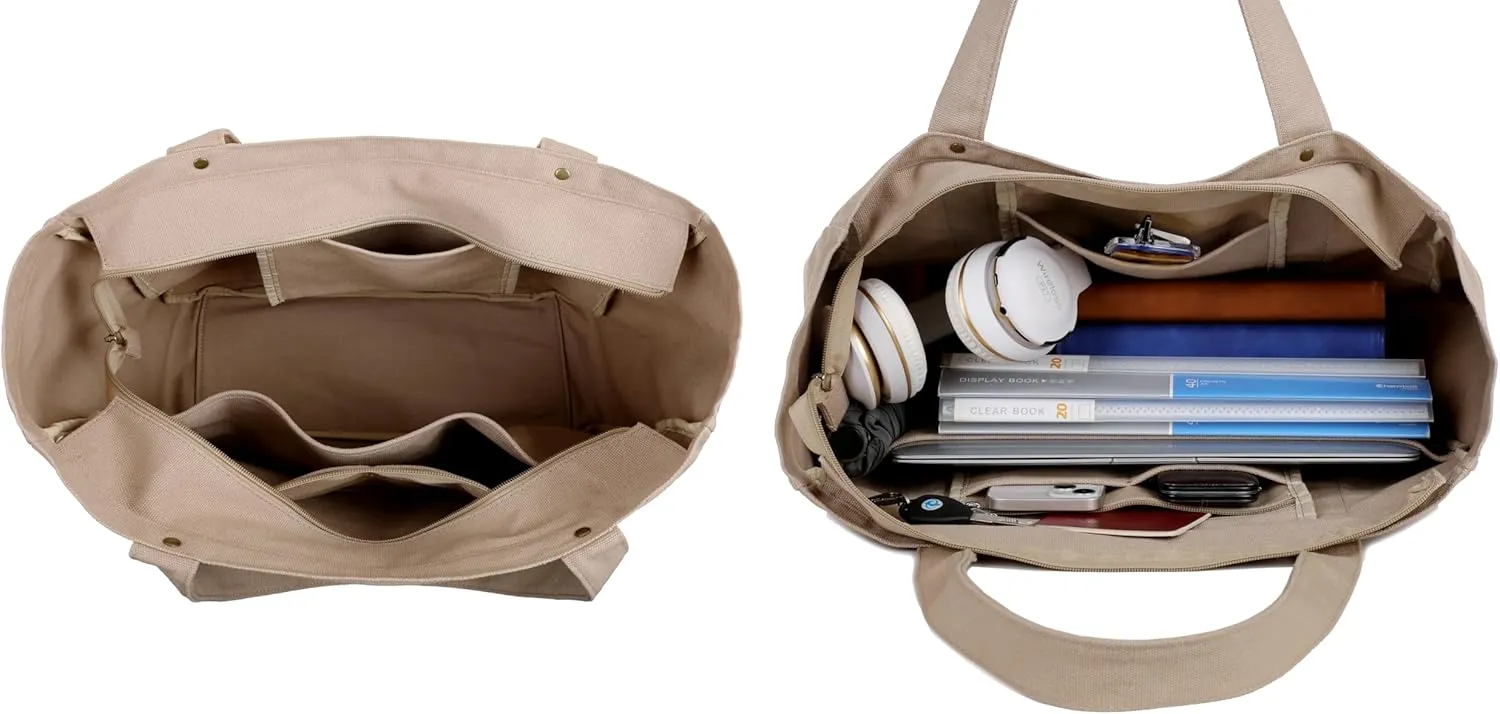 Large Tote Bag for Women with Zipper Closure and Laptop Compartment Canvas Shoulder Bag for Work Holiday and Travel