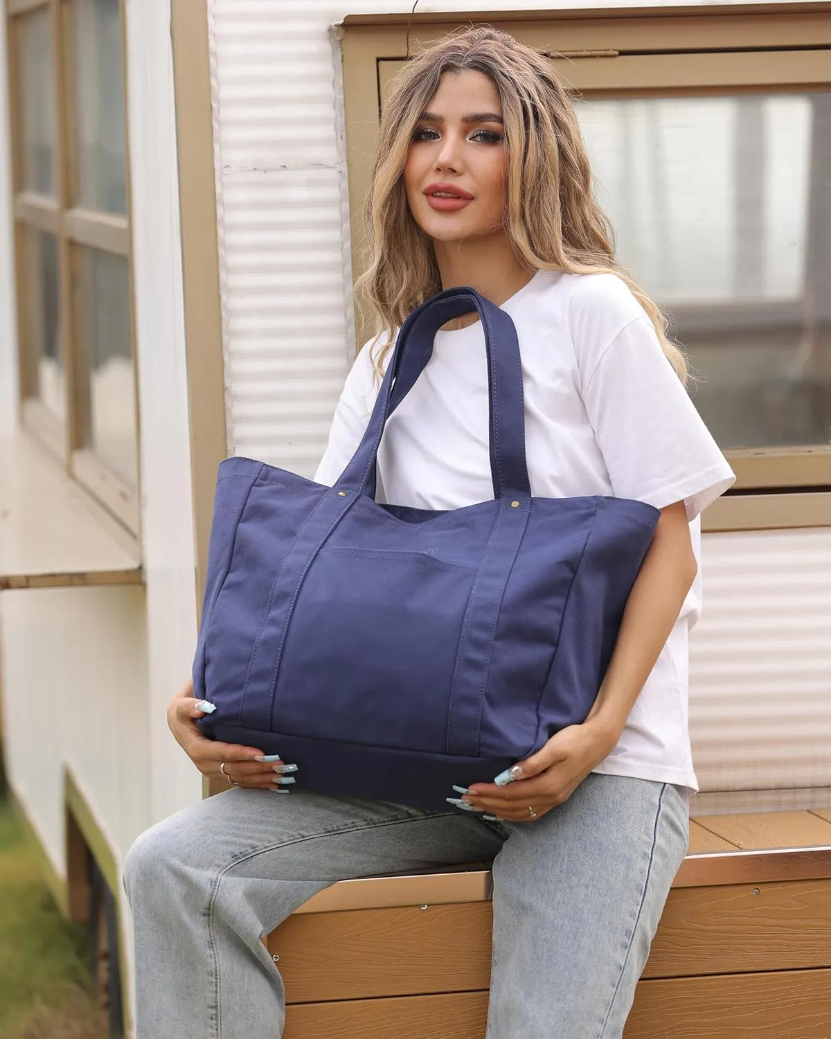 Large Tote Bag for Women with Zipper Closure and Laptop Compartment Canvas Shoulder Bag for Work Holiday and Travel