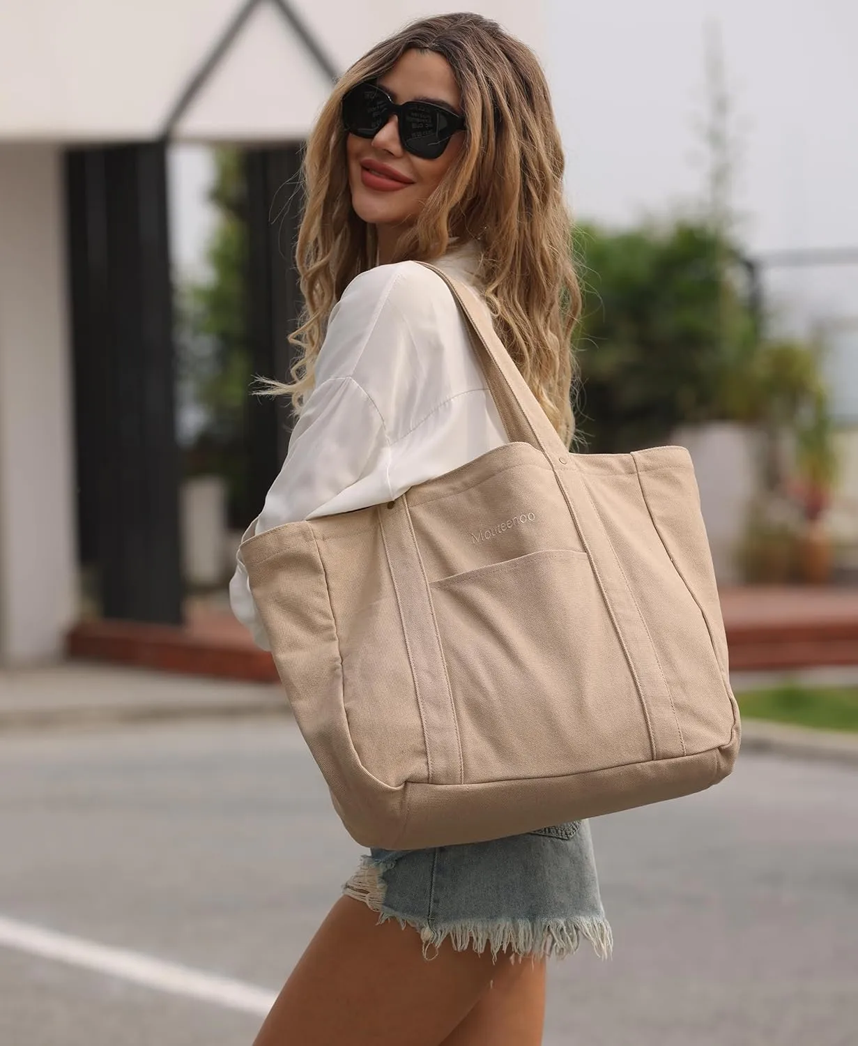 Large Tote Bag for Women with Zipper Closure and Laptop Compartment Canvas Shoulder Bag for Work Holiday and Travel
