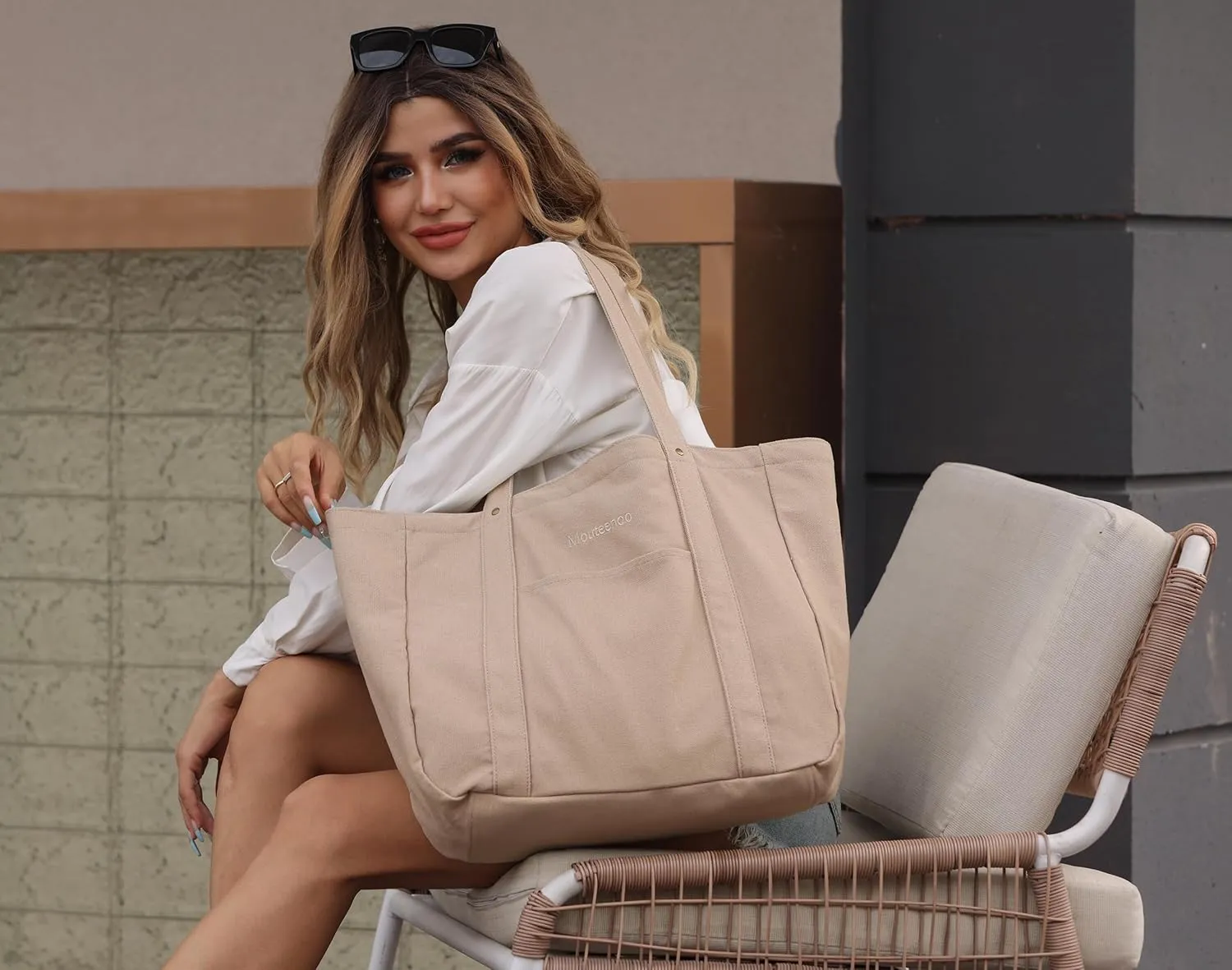 Large Tote Bag for Women with Zipper Closure and Laptop Compartment Canvas Shoulder Bag for Work Holiday and Travel