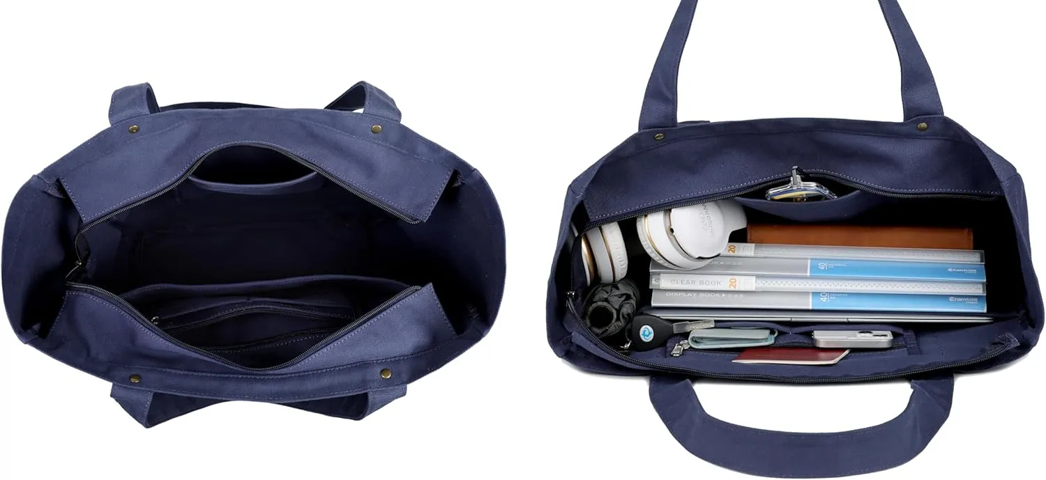 Large Tote Bag for Women with Zipper Closure and Laptop Compartment Canvas Shoulder Bag for Work Holiday and Travel