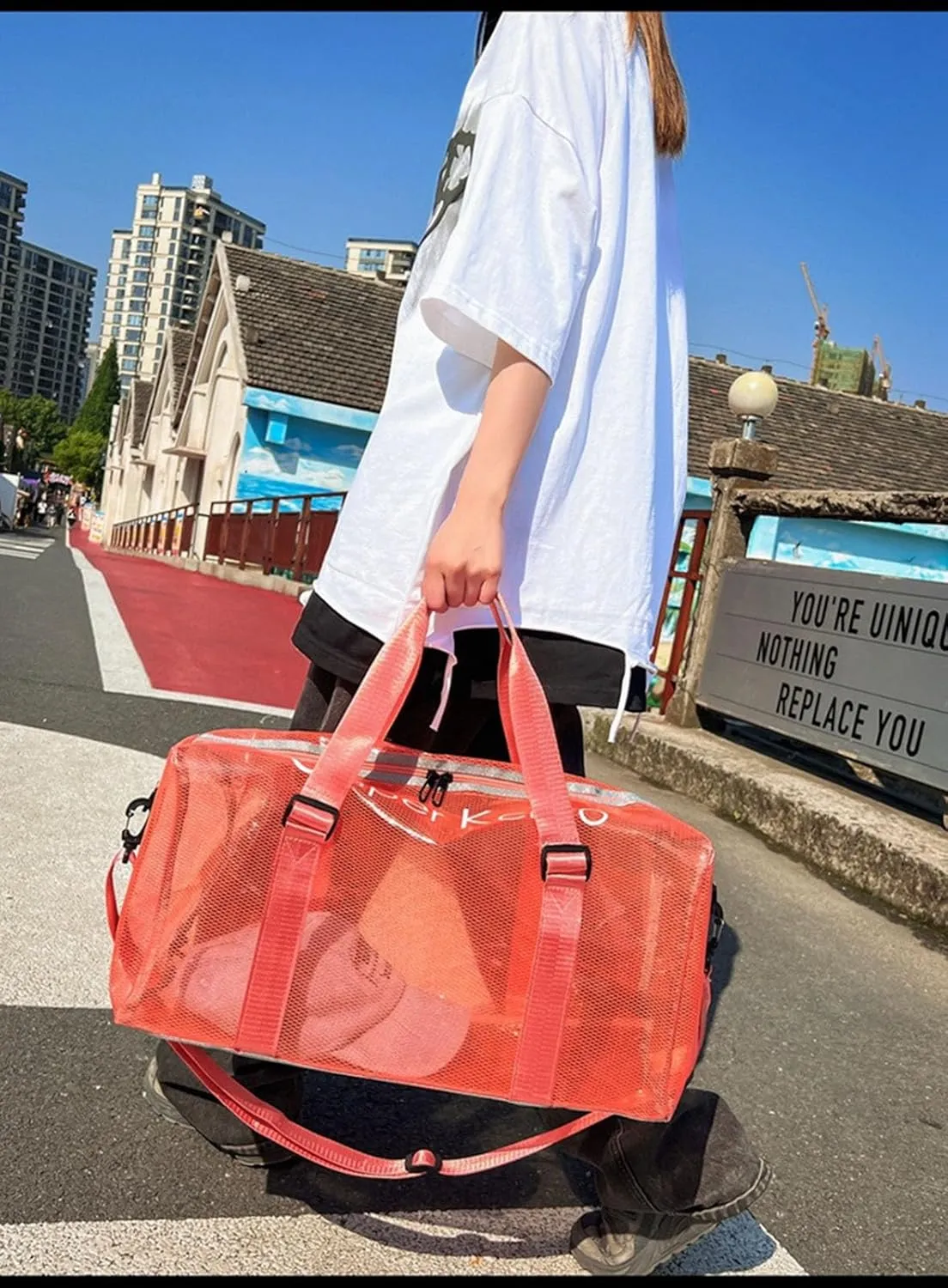 Large Transparent Bag See Through Tote Bag Shoulder Strap Beach Bag Transparent Work Bag Waterproof Travel Bag (Orange)
