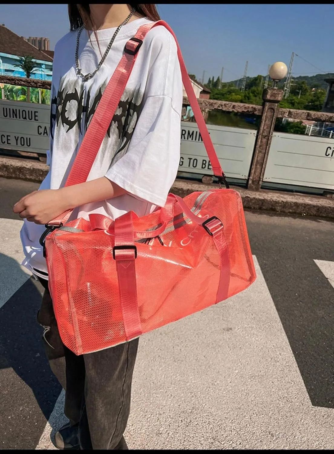 Large Transparent Bag See Through Tote Bag Shoulder Strap Beach Bag Transparent Work Bag Waterproof Travel Bag (Orange)