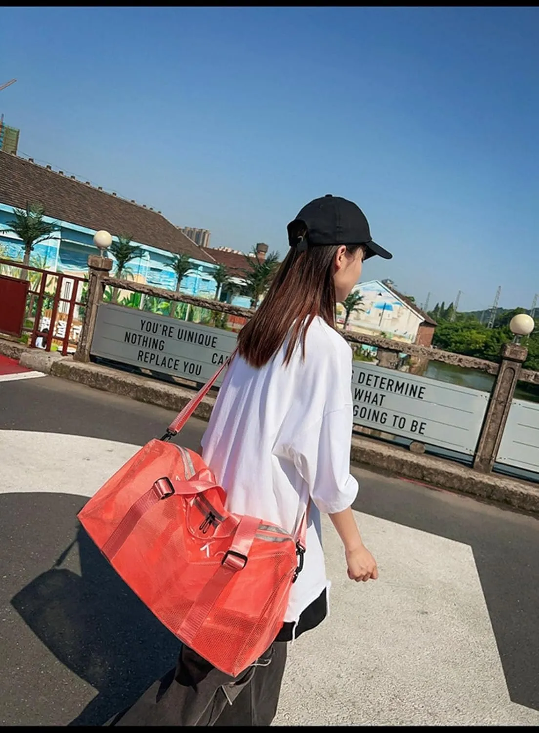 Large Transparent Bag See Through Tote Bag Shoulder Strap Beach Bag Transparent Work Bag Waterproof Travel Bag (Orange)
