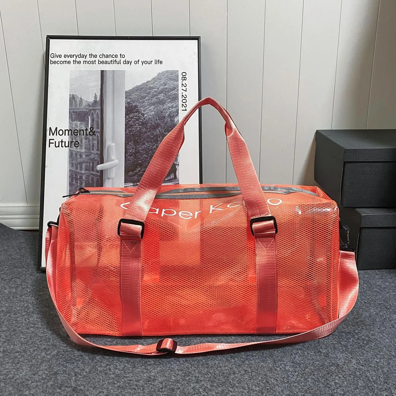 Large Transparent Bag See Through Tote Bag Shoulder Strap Beach Bag Transparent Work Bag Waterproof Travel Bag (Orange)
