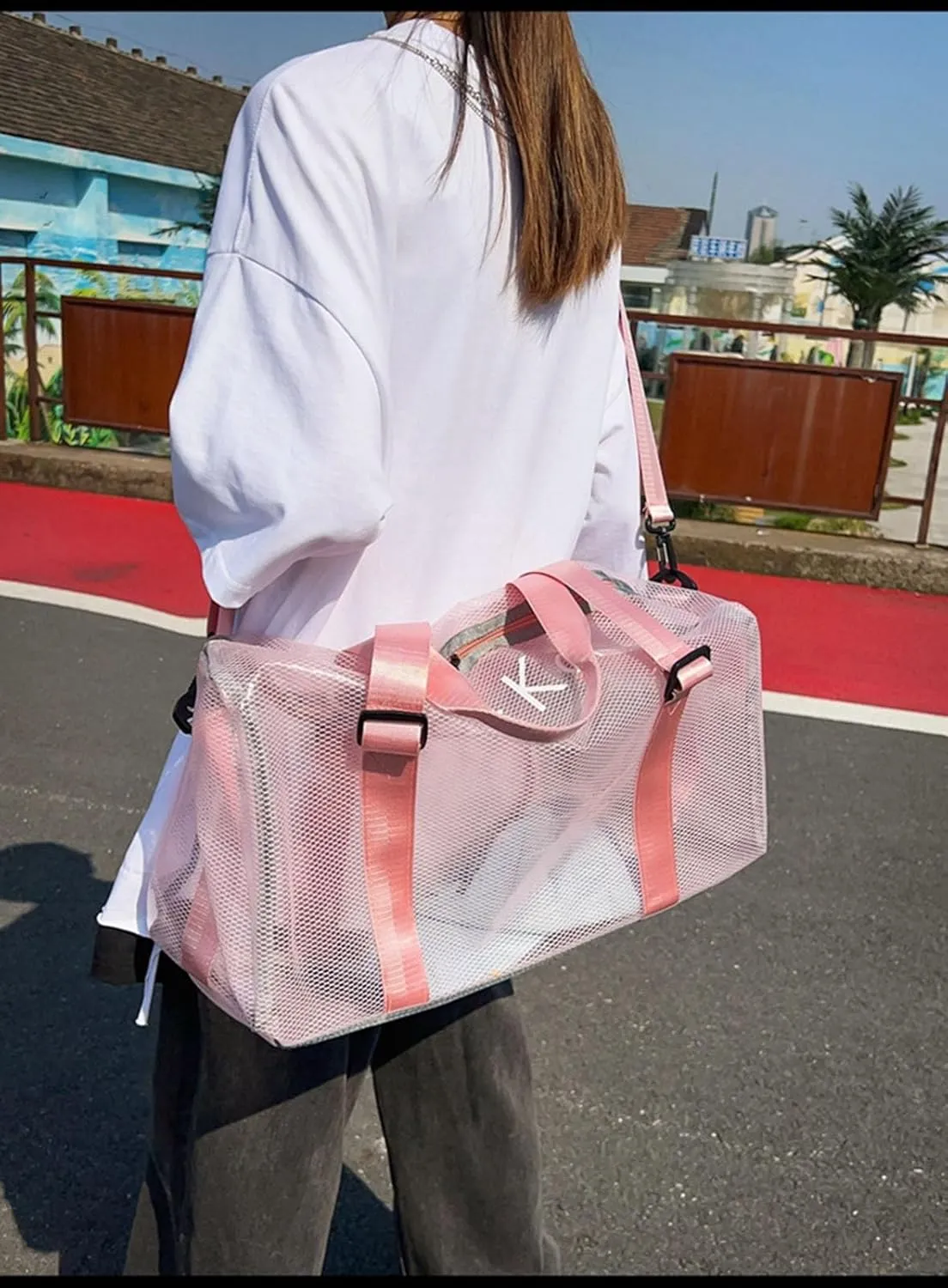 Large Transparent Bag See Through Tote Bag Shoulder Strap Beach Bag Transparent Work Bag Waterproof Travel Bag (Pink)
