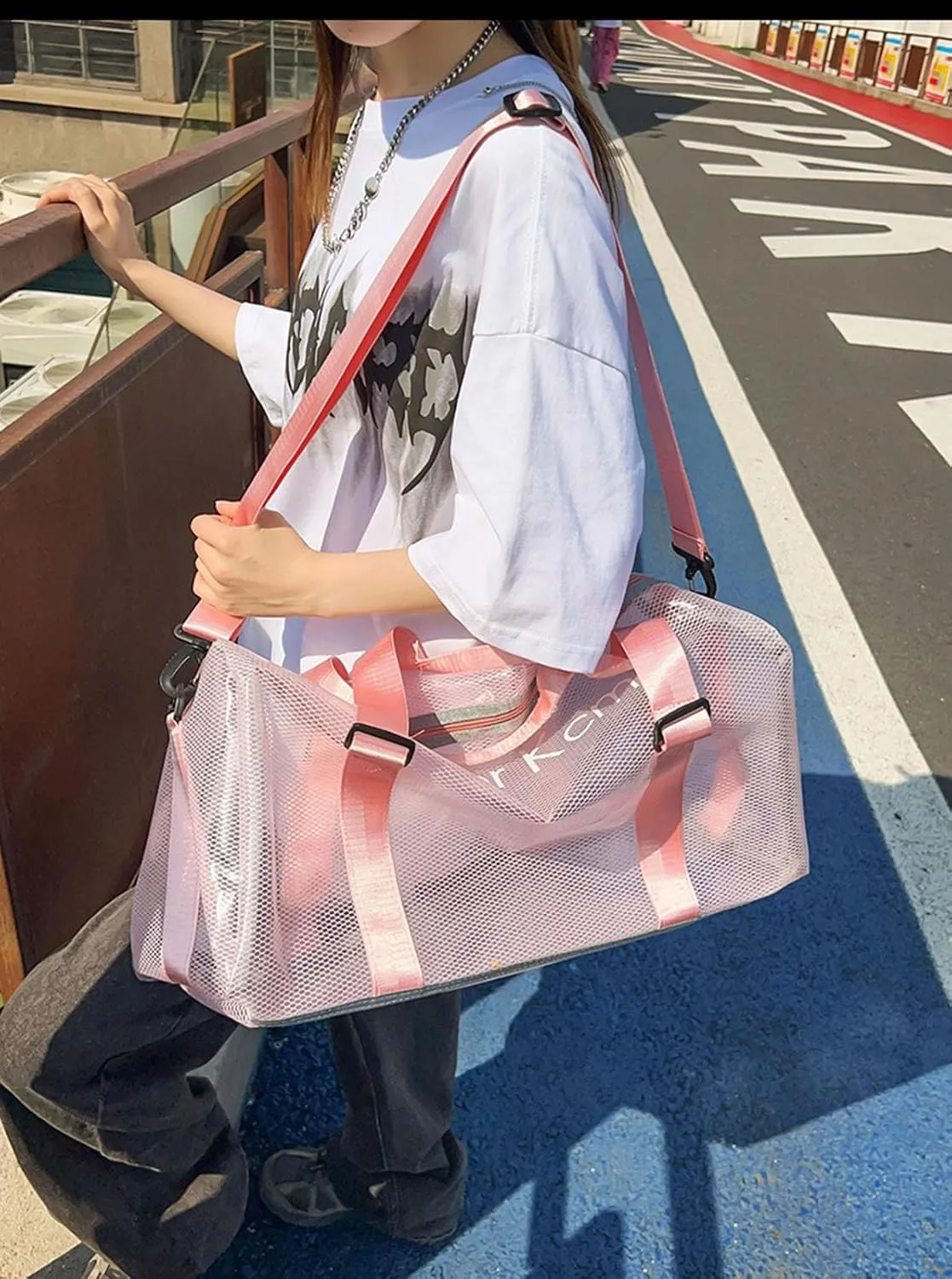 Large Transparent Bag See Through Tote Bag Shoulder Strap Beach Bag Transparent Work Bag Waterproof Travel Bag (Pink)