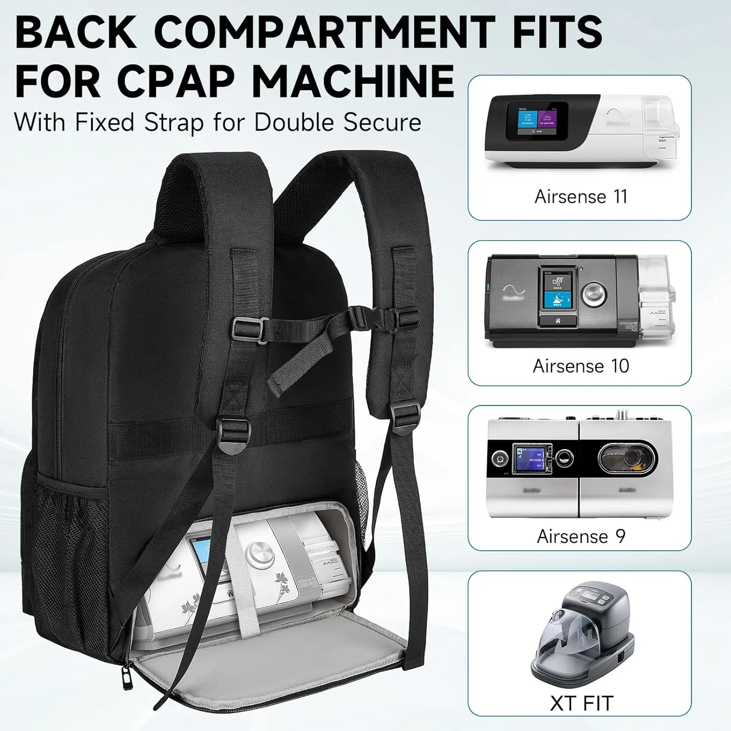 Large Travel Backpack Bag Compatible for ResMed AirSense 9,AirSense 10,AirSense 11,Philip,Respironics Dreamstation,Portable Laptop Bag 15.6'' Compatiple for CPAP Machine and Supplies, Black