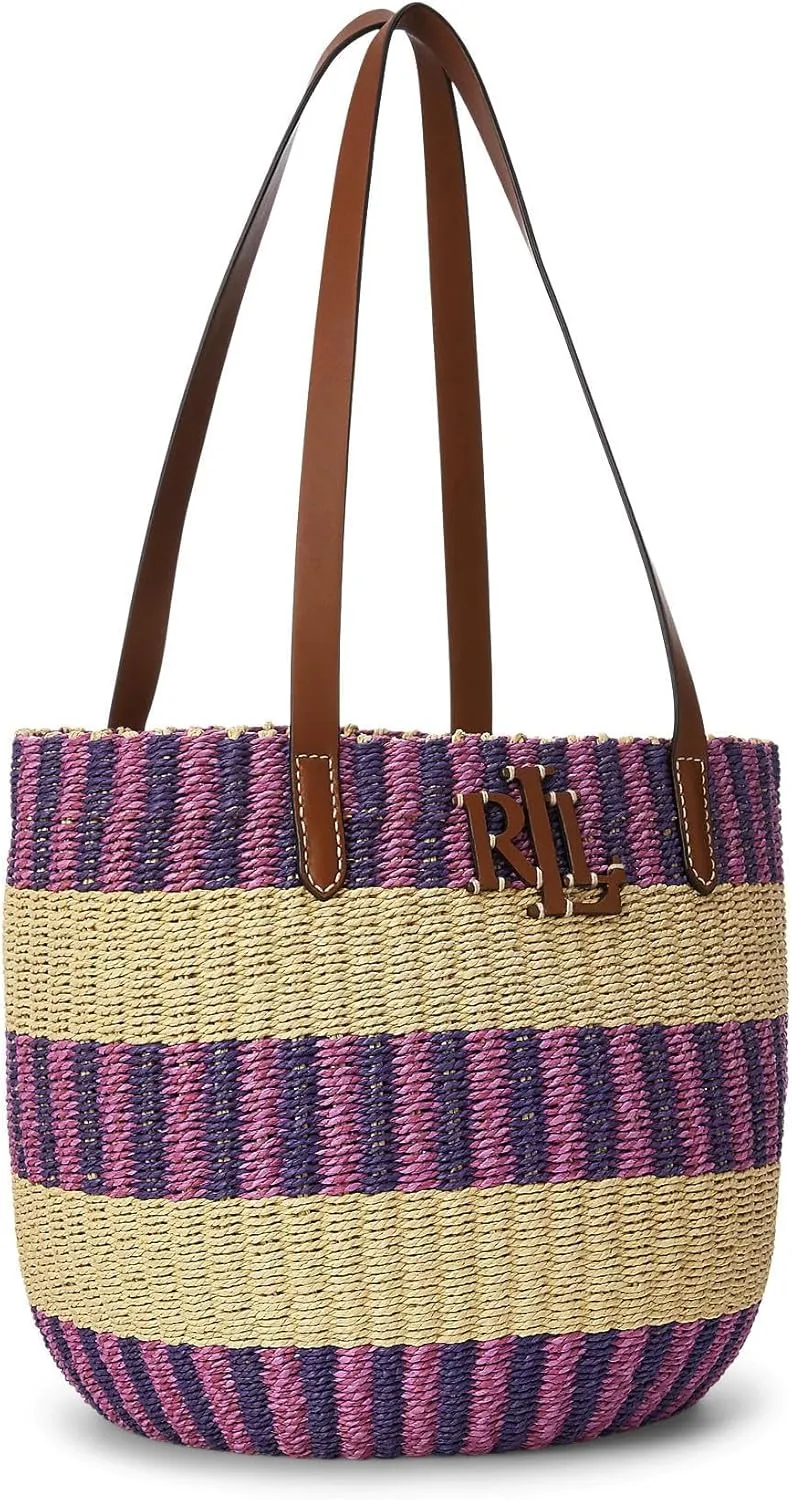 Lauren Ralph Lauren Striped Straw Medium Hartley Tote Bag