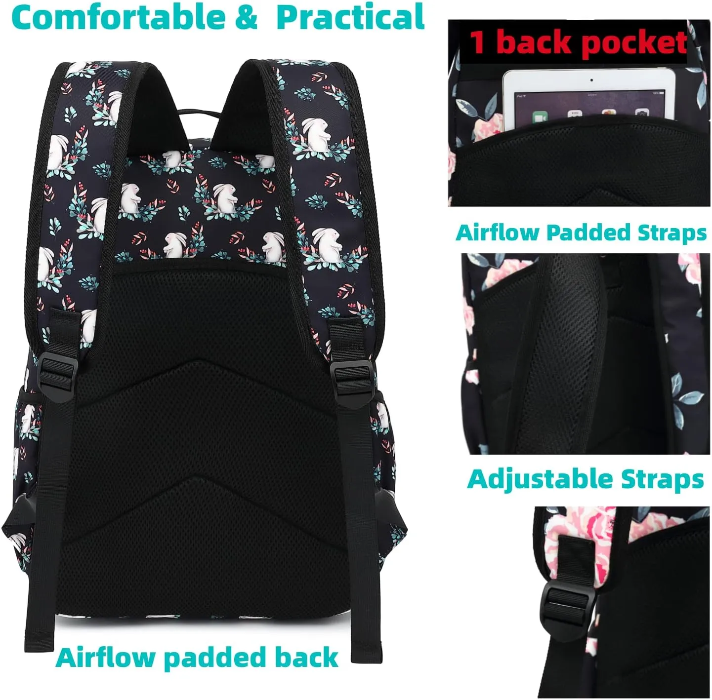 Leaper Water-resistant Cute Rabbit Laptop Backpack School Travel Bag Bunny Bookbags Satchel Black1