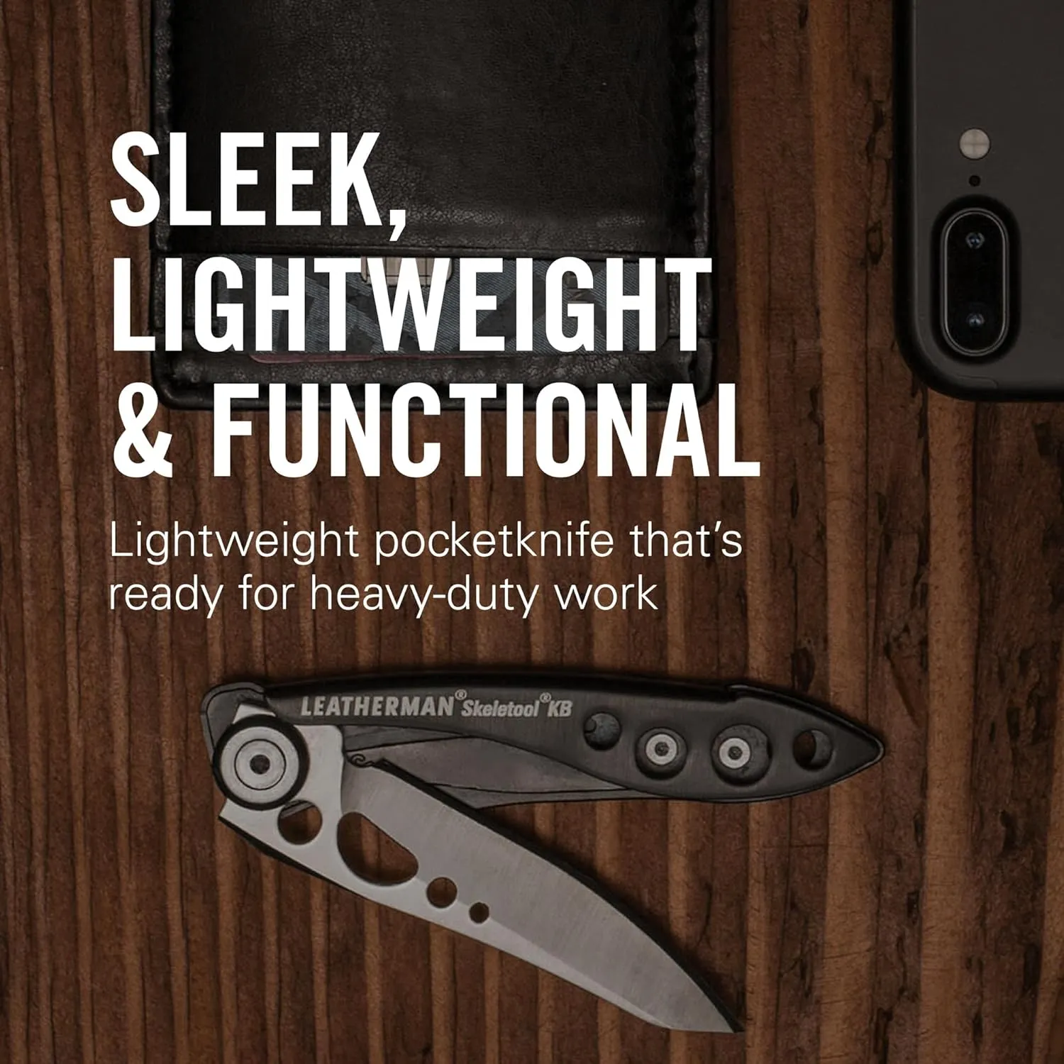 LEATHERMAN, Skeletool KB Pocketknife with Straight Edge, Stainless Steel Blade and Bottle Opener, Black