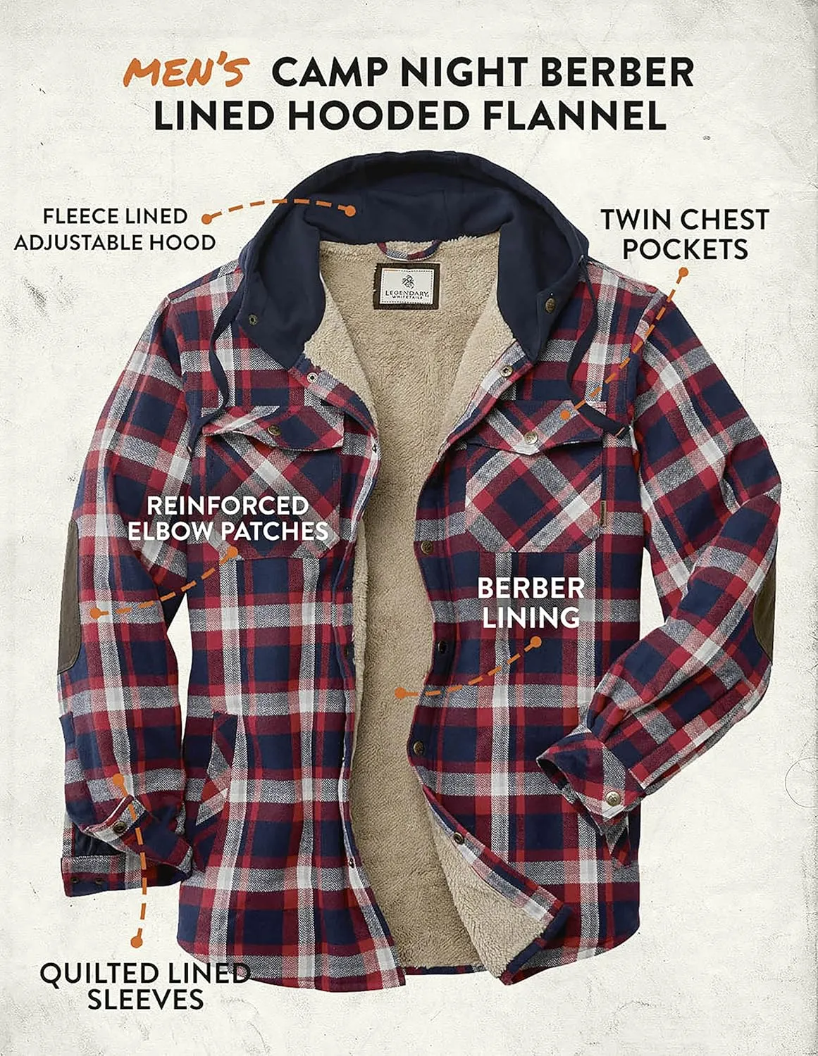 Legendary Whitetails Men's Camp Night Berber Lined Hooded Flannel Shirt Jacket
