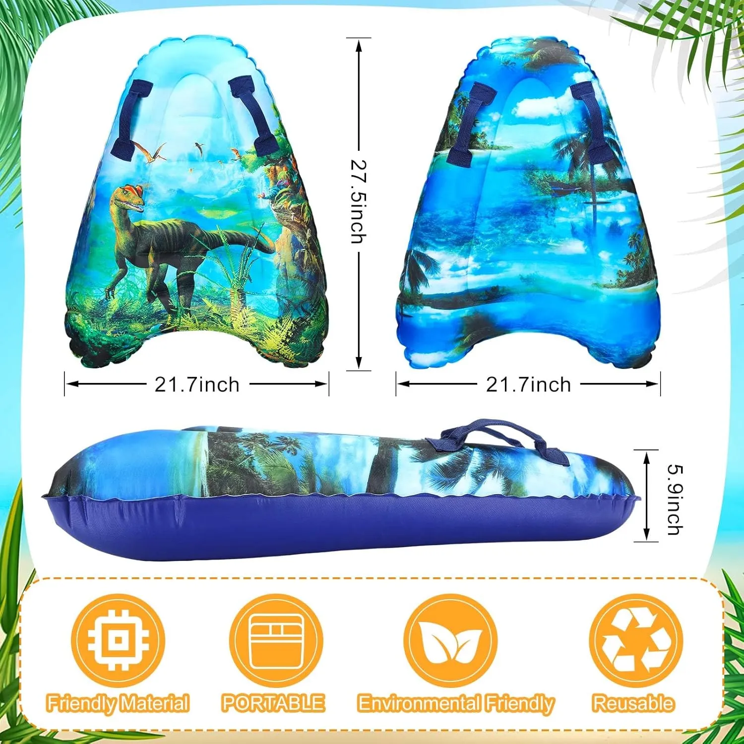 Leitee 2Pcs Inflatable Surf Body Board with Handles, Inflatable Surfboard for Beach Lightweight Swim Floating Surfboard for Kids Learning Surfing, 27.5"x21.7"x5.9"