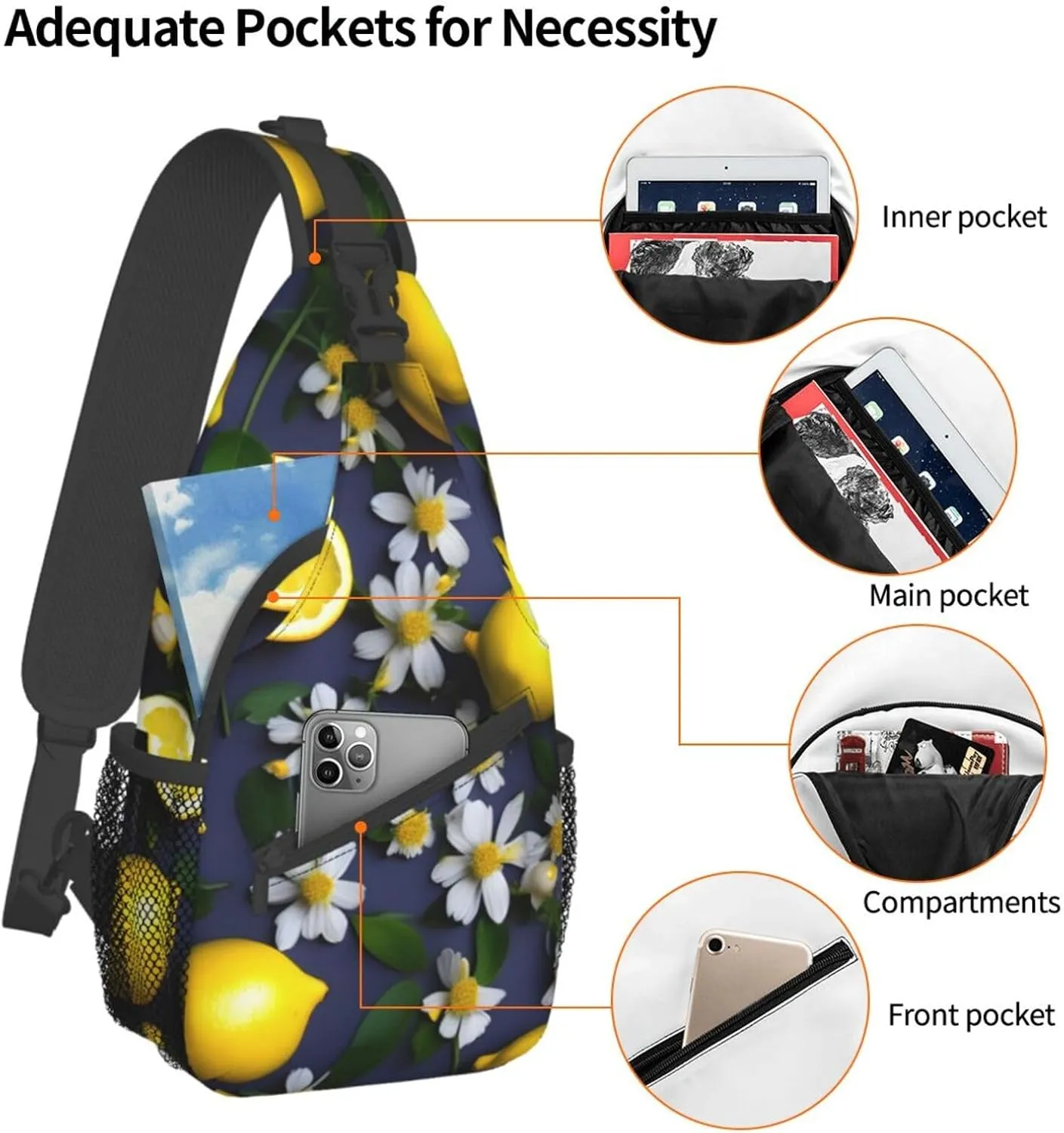 Lemon And Flower Unisex Casual Diagonal Chest Bag,Multipurpose Crossbody Shoulder Bag Travel Hiking Daypack