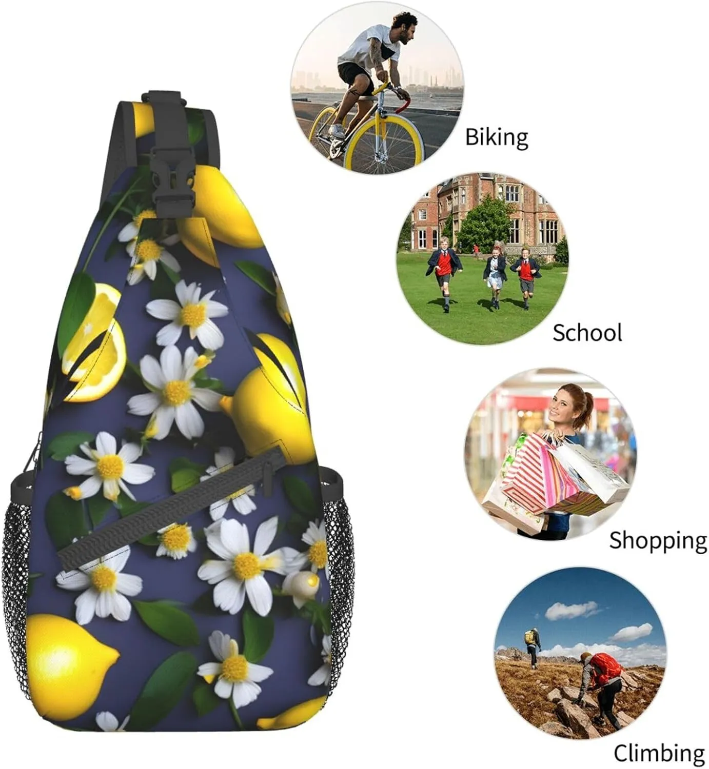 Lemon And Flower Unisex Casual Diagonal Chest Bag,Multipurpose Crossbody Shoulder Bag Travel Hiking Daypack