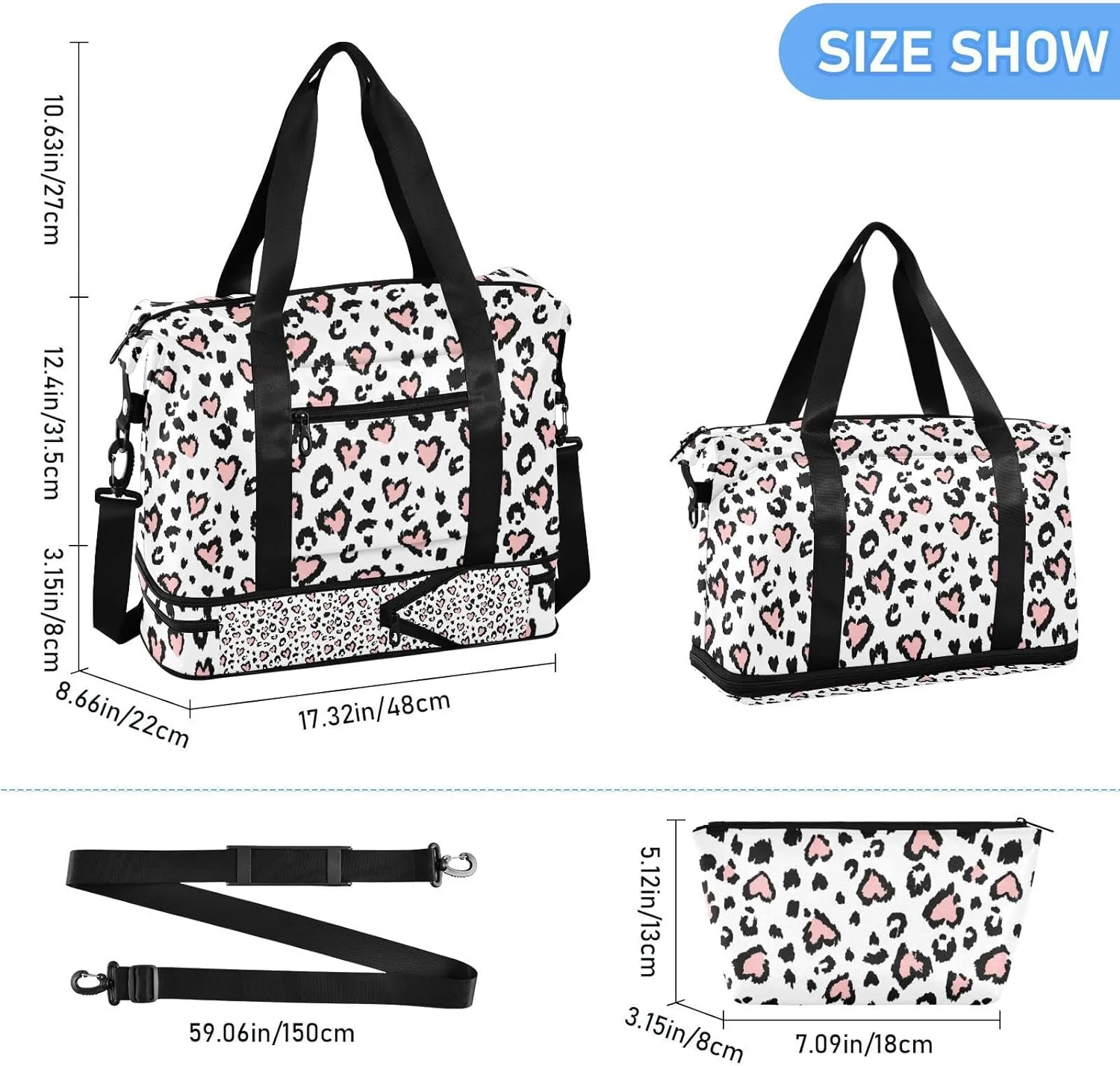 Leopard Jaguar Skin with Pink Hearts Black Spots Animal Print Gym Duffel Bag, Polyester Travel Weekender Luggage Handbag with Waterproof Pocket for Wet Items, Unisex Foldable Tote for Sports