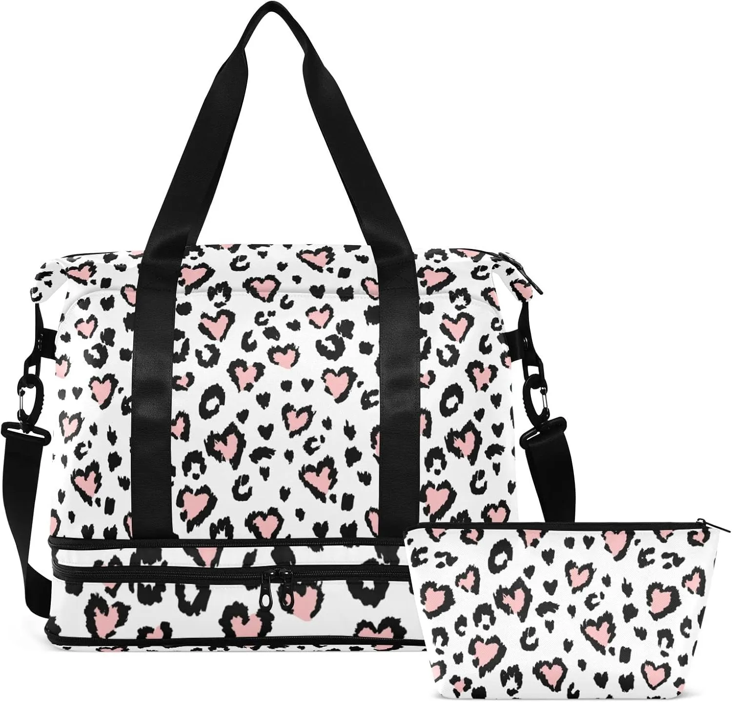 Leopard Jaguar Skin with Pink Hearts Black Spots Animal Print Gym Duffel Bag, Polyester Travel Weekender Luggage Handbag with Waterproof Pocket for Wet Items, Unisex Foldable Tote for Sports