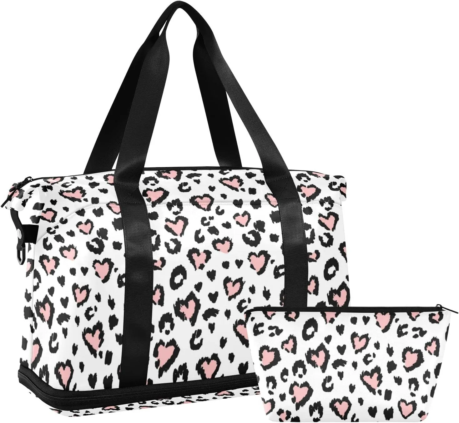 Leopard Jaguar Skin with Pink Hearts Black Spots Animal Print Gym Duffel Bag, Polyester Travel Weekender Luggage Handbag with Waterproof Pocket for Wet Items, Unisex Foldable Tote for Sports