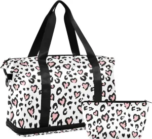 Leopard Jaguar Skin with Pink Hearts Black Spots Animal Print Gym Duffel Bag, Polyester Travel Weekender Luggage Handbag with Waterproof Pocket for Wet Items, Unisex Foldable Tote for Sports