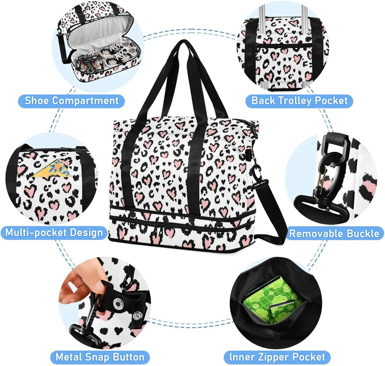 Leopard Jaguar Skin with Pink Hearts Black Spots Animal Print Gym Duffel Bag, Polyester Travel Weekender Luggage Handbag with Waterproof Pocket for Wet Items, Unisex Foldable Tote for Sports
