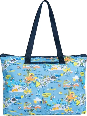 LeSportsac City Retreat Basic East/West Tote Bag, Style 3521/Color F953, Ultimate New York City & Hamptons/Montauk Iconic Graphic Design: Beaches, Tennis, Boating, Jitney & Bicycling, Laptop Pocket