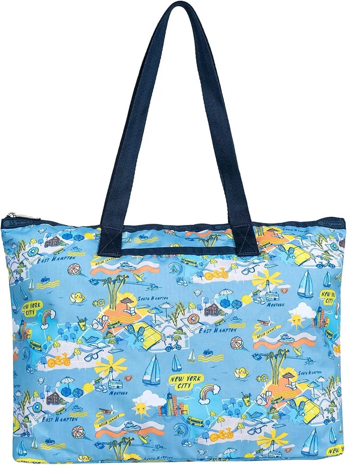 LeSportsac City Retreat Basic East/West Tote Bag, Style 3521/Color F953, Ultimate New York City & Hamptons/Montauk Iconic Graphic Design: Beaches, Tennis, Boating, Jitney & Bicycling, Laptop Pocket
